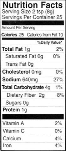 Nutrition Facts-Shan Curry Powder Mix 100 Grams (3.5 Oz)
