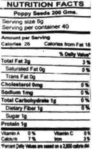 Nutrition Facts-Swad Poppy Seeds 7 OZ (200 Grams)
