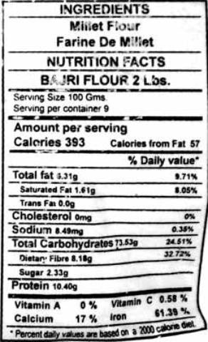 Nutrition Facts-Swad Bajri Millet Flour Jalpur 2 LB