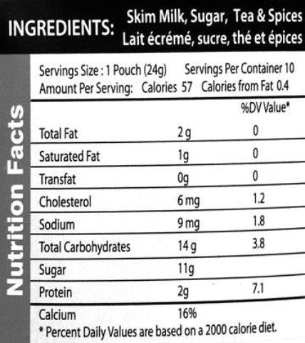 Nutrition Facts-Quik Tea Masala Chai Instant Chai 10 Pouches 8.5 OZ (240 Grams)