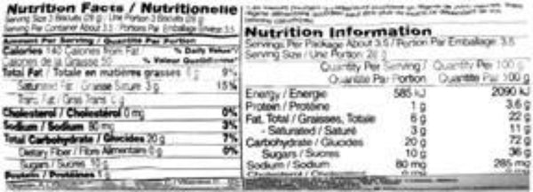 Nutrition Facts-Britannia Treat Mango Biscuits 100 Grams (3.5 OZ) 0.22 LB