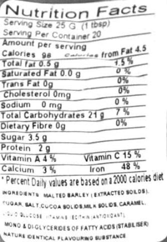 Nutrition Facts-Cadbury Bourn Vita Plus 500 Grams (17.5 OZ)